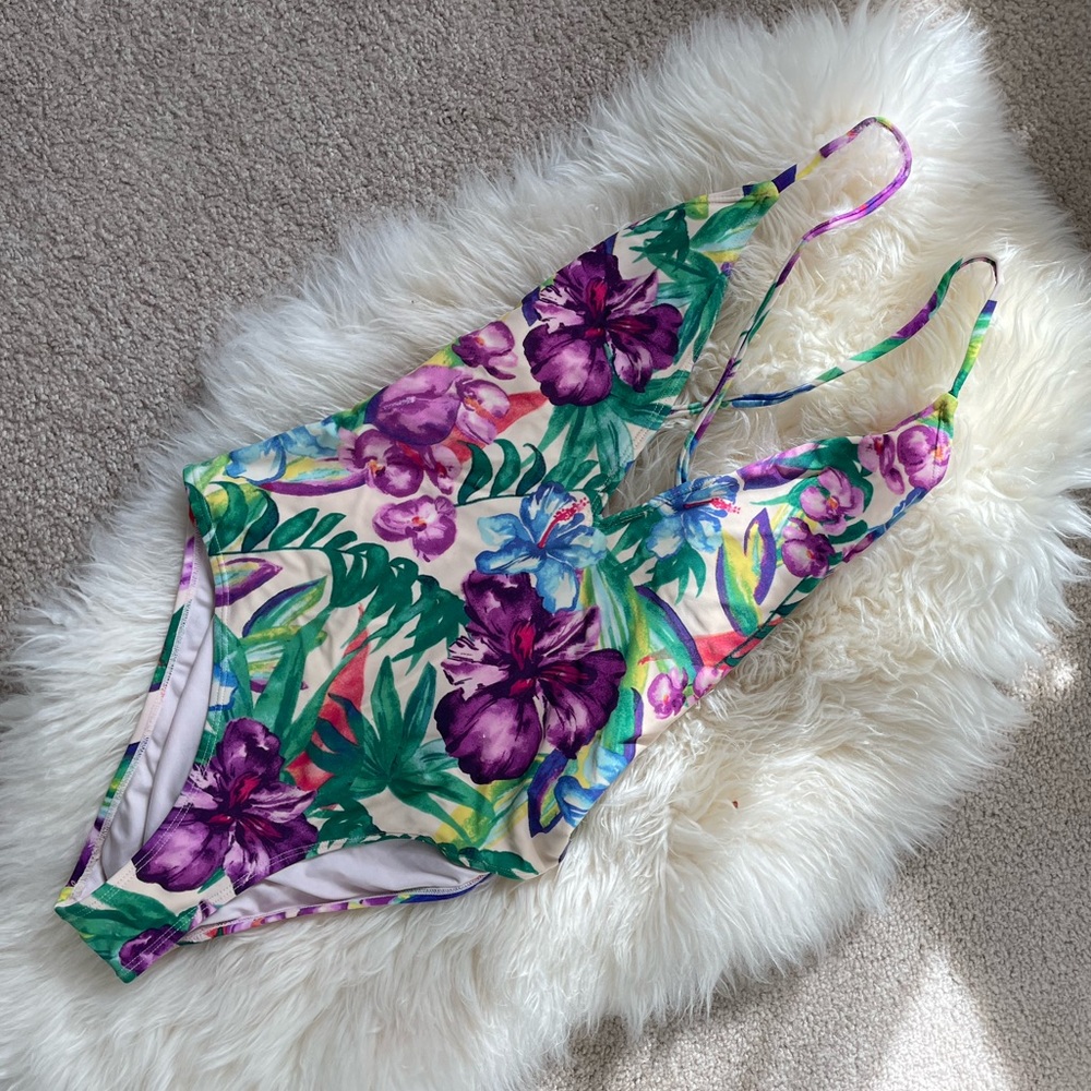 Tropical print plunging one piece
